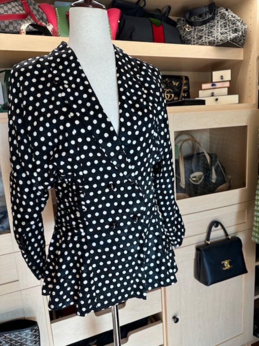 Lillie Rubin Silk Polka Dot Black White Peplum Retro Size 6 Jacket